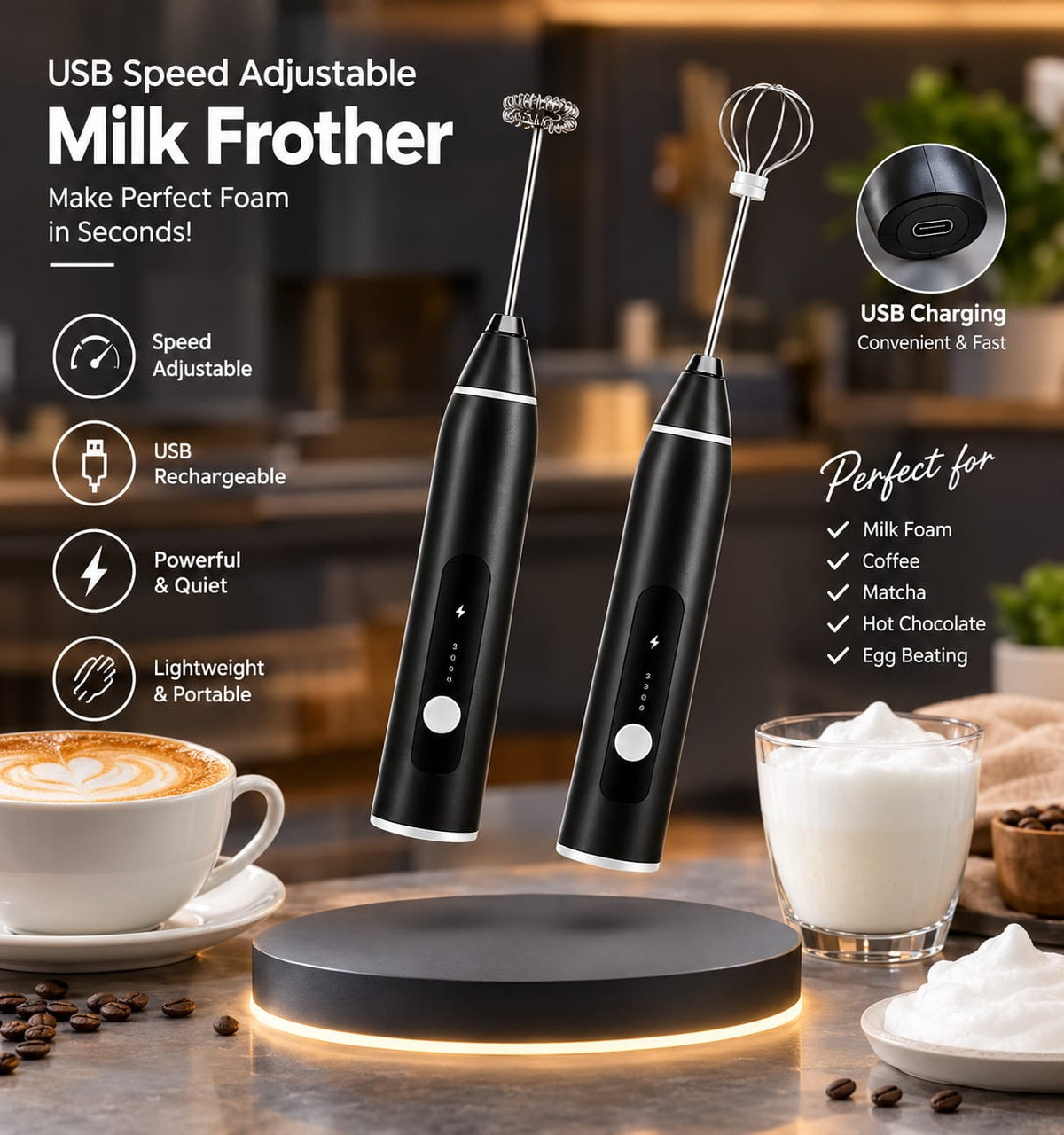 USB Rechargeable Milk Frother – Adjustable Speed Electric Coffee & Milk Foam Maker Short product tagline: ☕ Create Café-Style Foam at Home in Seconds
