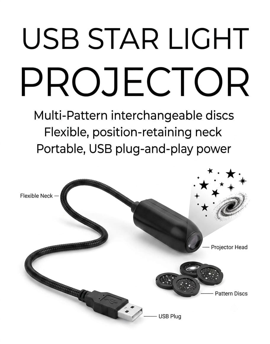 USB Star Light Projector – Portable Galaxy & Starry Sky Lamp Alternative shorter title: USB Star & Galaxy Light Projector – Portable LED Night Lamp with Interchangeable Pattern Discs